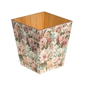 Vintage Floral Waste Paper Bin Trash Can Handmade Wooden handmade in UK