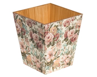 Vintage Floral Waste Paper Bin Trash Can Handmade Wooden handmade in UK