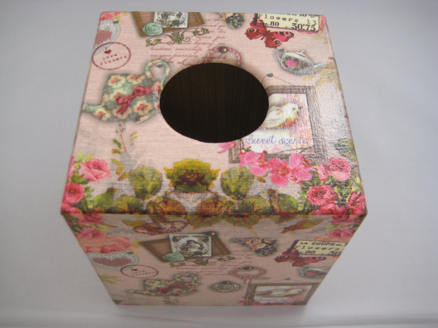 Vintage Pink Tissue Box Cover wooden decoupaged made by hand Etsy