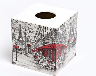 Red Cafe de Paris Tissue Box Cover wooden handmade in UK perfect in homes/ hotels