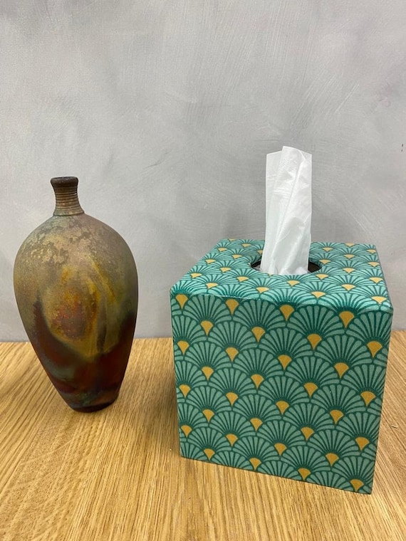 Green Art Deco Wooden Tissue Box Cover holder Decoupaged Gift for