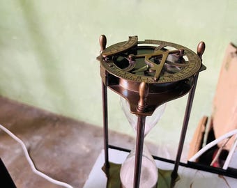 vintage maritime brass sand timer hourglass with sundial compass on top Gift