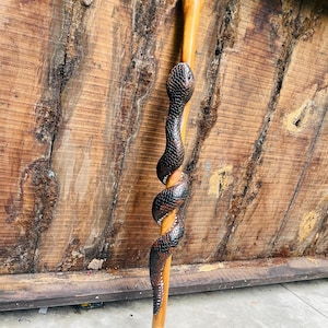 Pode incluir: Uma bengala de madeira com uma cobra esculpida em castanho escuro enrolada à volta do eixo. A cobra tem escamas detalhadas e um acabamento liso e polido. A bengala tem um punho arredondado no topo e uma ponteira de borracha preta.