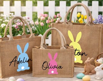 Personalized Easter Tote Bag, Custom Jute Bunny Bag with Name, Kids Egg Hunt Bags
