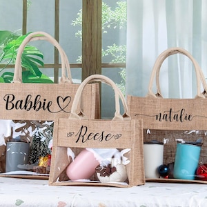 Personalized Wedding Welcome Bag for Guests, Clear Burlap Tote with Custom Name, Bachelorette Bag