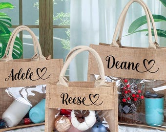 Fourre-tout personnalisé en toile de jute de demoiselle d'honneur, sac de fête de mariage avec nom personnalisé, cadeaux de voyage entre filles