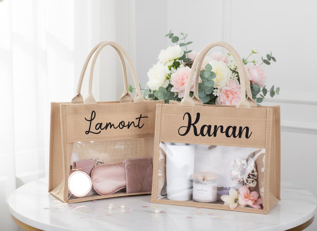 Personalized Bridesmaid Gift Bag, Custom Clear Burlap Tote With Name ...