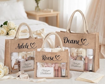 Personalized Bridesmaid Burlap Tote, Custom Name Bridal Party Bag