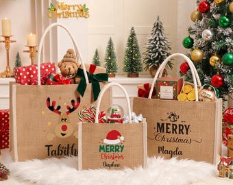 Personalized Christmas Burlap Tote Bag, Custom Name Holiday Gifts Bag