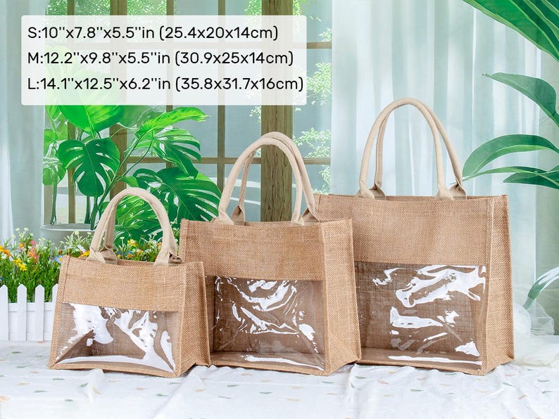 May include: Three tan jute tote bags with clear plastic windows and beige handles. Sizes: S 10x7.8x5.5 inches, M 12.2x9.8x5.5 inches, L 14.1x12.5x6.2 inches. The bags feature a rectangular structure with open tops and reinforced stitching.