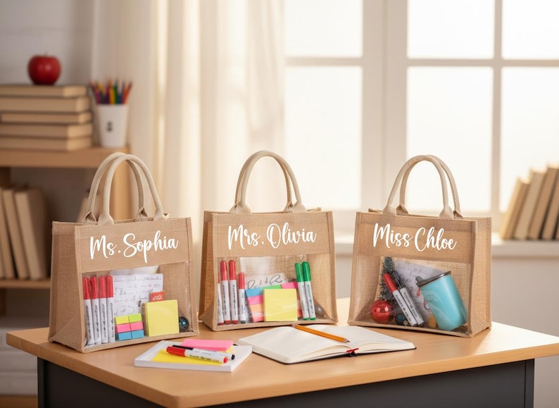 May include: Three tan burlap tote bags with clear plastic windows, each featuring white script text reading Ms. Sophia, Mrs. Olivia, and Miss Chloe. The bags contain various office supplies including markers, sticky notes, and a small blue cup.
