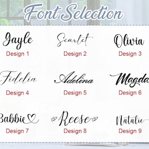 May include: A font selection chart displaying nine distinct black script typography styles labeled Design 1 through Design 9. Each design features a unique name written in a cursive font, including Gayle, Scarlet, Olivia, Fidelia, Adelina, Magda, Babbie, Reese, and Natalie.