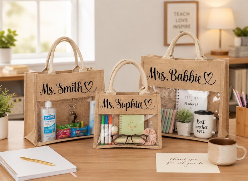 May include: Three tan jute tote bags with clear plastic windows and top handles. The bags are personalized with black script text reading Ms. Smith, Ms. Sophia, and Mrs. Babbie, each accompanied by a small heart icon on the right side.