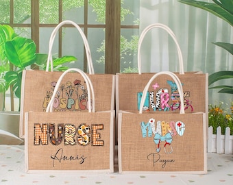 Personalized Burlap Nurse Work Tote, Custom Name Nursing Student Gift, RN Graduation Gift