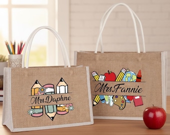 Personalized Teacher Appreciation Gifts, Custom Name Burlap Tote Bag, Back to School Gift