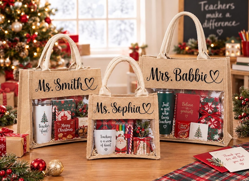 May include: Three tan burlap tote bags with clear windows, each personalized with names like Ms. Smith, Ms. Sophia, and Mrs. Babbie. The bags contain various items including tumblers with text like Teacher Fuel, notebooks, and small holiday-themed gift boxes.