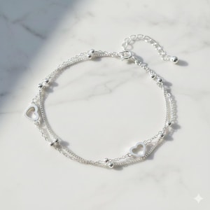 スターリングシルバーのハートブレスレット：繊細な二重層調節可能なチェーン