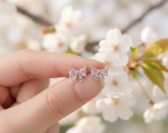 Sterling Silver 925 Pink Bow Stud Earrings | Cubic Zirconia | Dainty Kawaii Jewelry