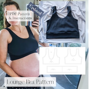 May include: A black lounge bra with a scoop neckline and wide shoulder straps. The image includes text that reads Updated, PDF Pattern & Instructions, and Lounge Bra Pattern, alongside a digital sewing pattern diagram with three pieces.