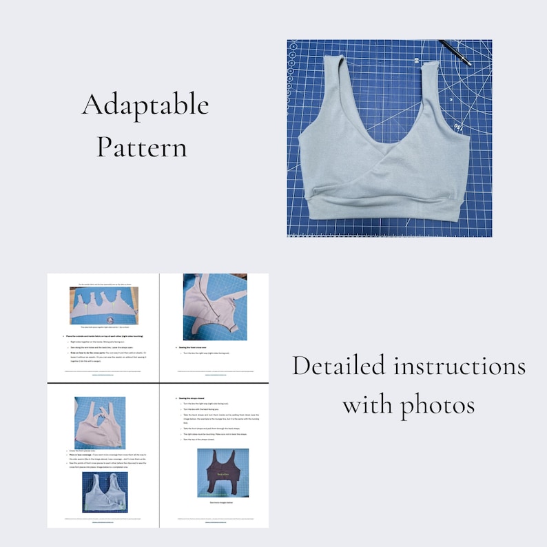 Puede incluir: Un patr&oacute;n de costura para un top corto cruzado de color gris claro con escote en V y tirantes anchos. El documento incluye el texto Adaptable Pattern y Detailed instructions with photos, mostrando im&aacute;genes de montaje paso a paso.