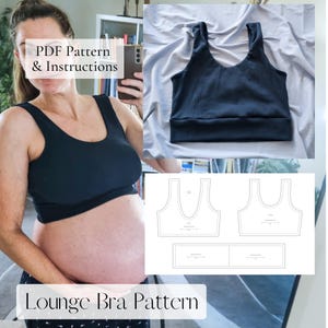 Puede incluir: Patrón de sujetador lounge negro con instrucciones. La imagen muestra un sujetador lounge negro, un patrón y el texto "PDF Pattern & Instructions" y "Lounge Bra Pattern".