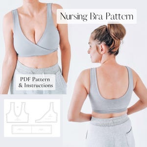 Może przedstawiać: Jasnoszary wzór biustonosza do karmienia piersią z tekstem "Nursing Bra Pattern" i "PDF Pattern & Instructions". Obrazek przedstawia biustonosz z przodu i z tyłu, wraz ze schematem wzoru.
