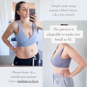Puede incluir: Un bralette de algod&oacute;n acanalado en color azul claro con frente cruzado. El texto en la imagen dice: Sample made using organic ribbed cotton. 2 & 4 way stretch. The pattern is adaptable to make size Small to XL. Photos from 1 & 3 months post partum.