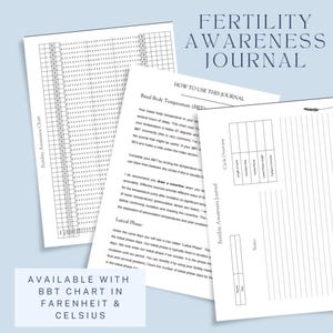 Peut inclure: Un journal de sensibilisation à la fertilité avec des graphiques et des instructions. Le journal comprend un tableau de la température basale (BBT), un aperçu du cycle et une section de notes. Le texte sur le journal se lit "Fertility Awareness Journal".