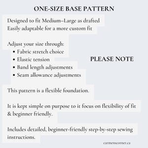 Puede incluir: Un gr&aacute;fico informativo blanco titulado ONE-SIZE BASE PATTERN. Indica que el patr&oacute;n es para tallas Medium-Large, es adaptable, y enumera m&eacute;todos de ajuste como elasticidad, tensi&oacute;n, longitud de banda y m&aacute;rgenes de costura.