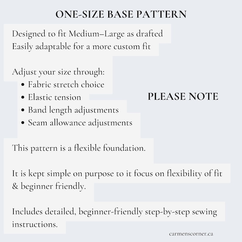 Puede incluir: Un gr&aacute;fico informativo blanco titulado ONE-SIZE BASE PATTERN. Indica que el patr&oacute;n es para tallas Medium-Large, es adaptable, y enumera m&eacute;todos de ajuste como elasticidad, tensi&oacute;n, longitud de banda y m&aacute;rgenes de costura.