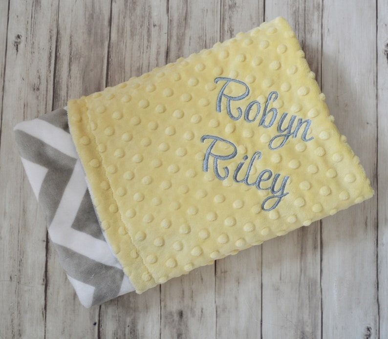 Monogrammed Chevron Baby Blanket zig zag Neutral Blanket with name Newborn Minky Gray and Yellow Personalized