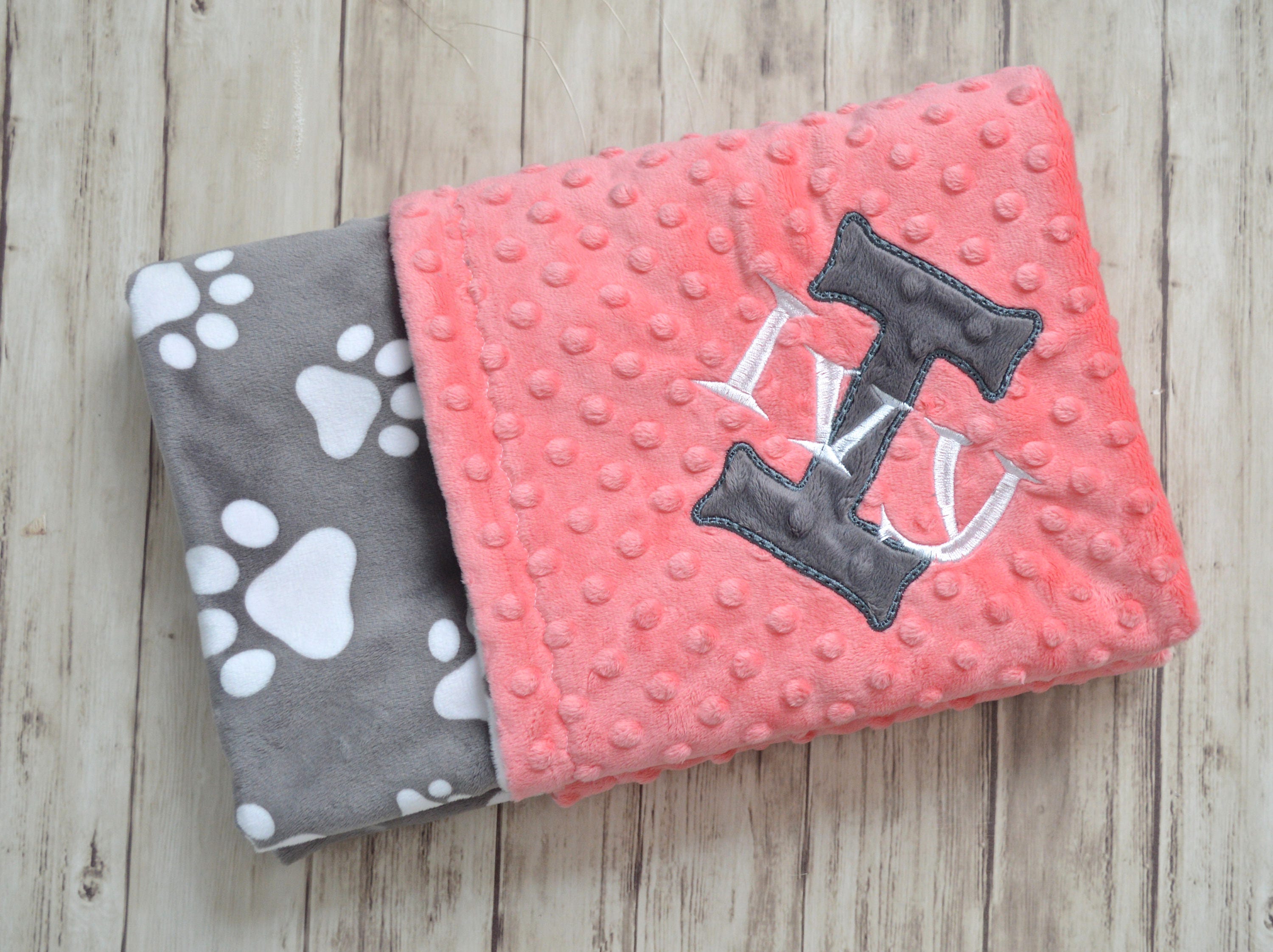Minky Baby Blanket Monogrammed Gray paws with Coral Etsy