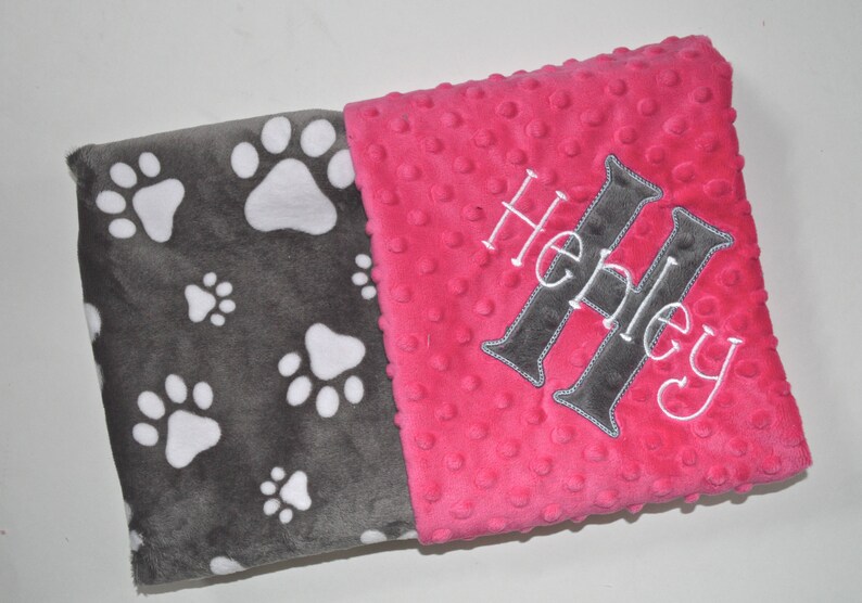 Hot pink and Gray Paws Minky Monogrammed Baby Blanket Puppy Gift baby girl gift Blanket with name Birth Stats Newborn Custom