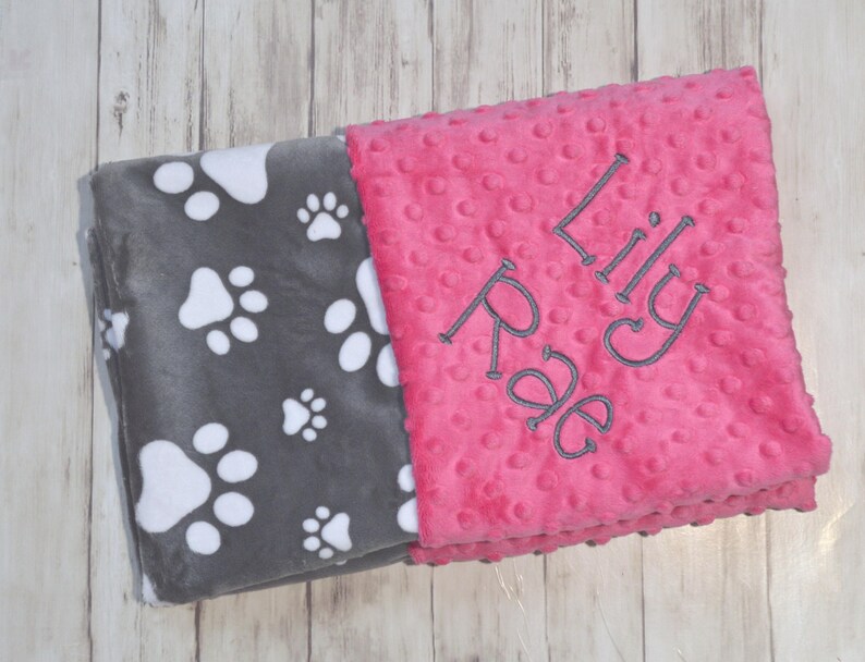 Hot pink and Gray Paws Minky Monogrammed Baby Blanket Puppy Gift baby girl gift Blanket with name Birth Stats Newborn Custom