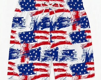USA Flag Hawaiian Shorts Men, Patriotic American Flag Beach Shorts, 4th of July Swim Trunks, Men Holiday Summer Outfit, Gift For Him