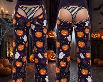 Funny Halloween Pants, Fake Butt Thong Chaps, Pumpkin Ghost Lounge Bottoms (Adult Gag Gift)