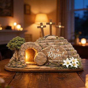 May include: A decorative Easter scene featuring three wooden crosses atop a stone structure with the text "He is Risen!" and a stone entrance. The scene includes a small tree, flowers, and a large stone in front of the entrance.