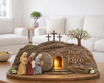 3D-gelaagde "He Is Risen" leeg grafdecor (4 lagen) | Christelijke opstandingsscène voor Pasen | Houten geloofskunstwerk