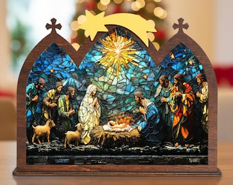 Kerststal in gebrandschilderd glas, acrylverlichting Heilige Familie