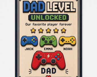Gepersonaliseerde vaderniveau ontgrendeld houten decor – aangepaste kindernamen gameraandenken | Vaderdagcadeau
