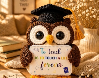 Gehaakte afstudeeruil – cadeau leraar waardering – handgemaakt met inspirerend bord