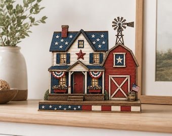 Patriottische boerderij houten decor 2D – aangepaste naam Rustic Americana House Keepsake | 250 VS-jubileumcadeau