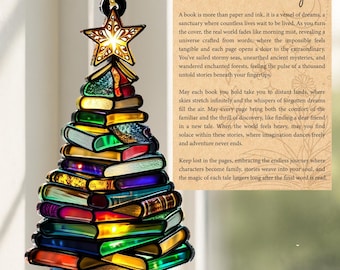 Boekboomornament voor lezers, kerstversiering in glas-in-loodstijl, cadeau voor boekenwurmen en leraren