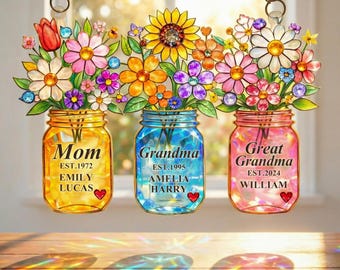 Gepersonaliseerde generaties bloemenpot Suncatcher met naam, moeder oma overgrootmoeder bloemencadeau, Moederdag acryl raam hangend decor