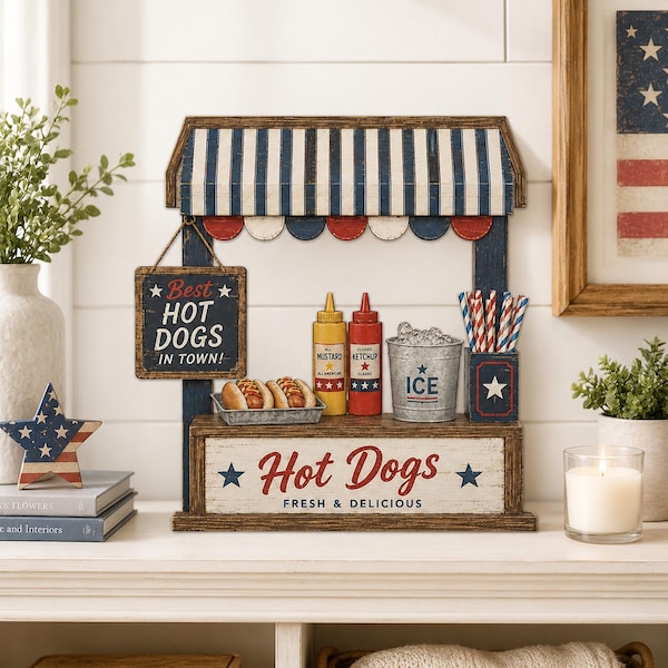 Patriotic Hot Dog Stand Wooden Decor 2D – Americana Street Food Stall Sign | Fourth of July Kitchen & BBQ Keepsake