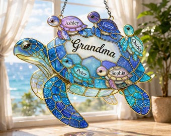 Gepersonaliseerde oma schildpad Suncatcher, aangepaste familienaam raamdecoratie cadeau, aangepaste oma schildpad acryl raamkunst, Moederdagcadeau