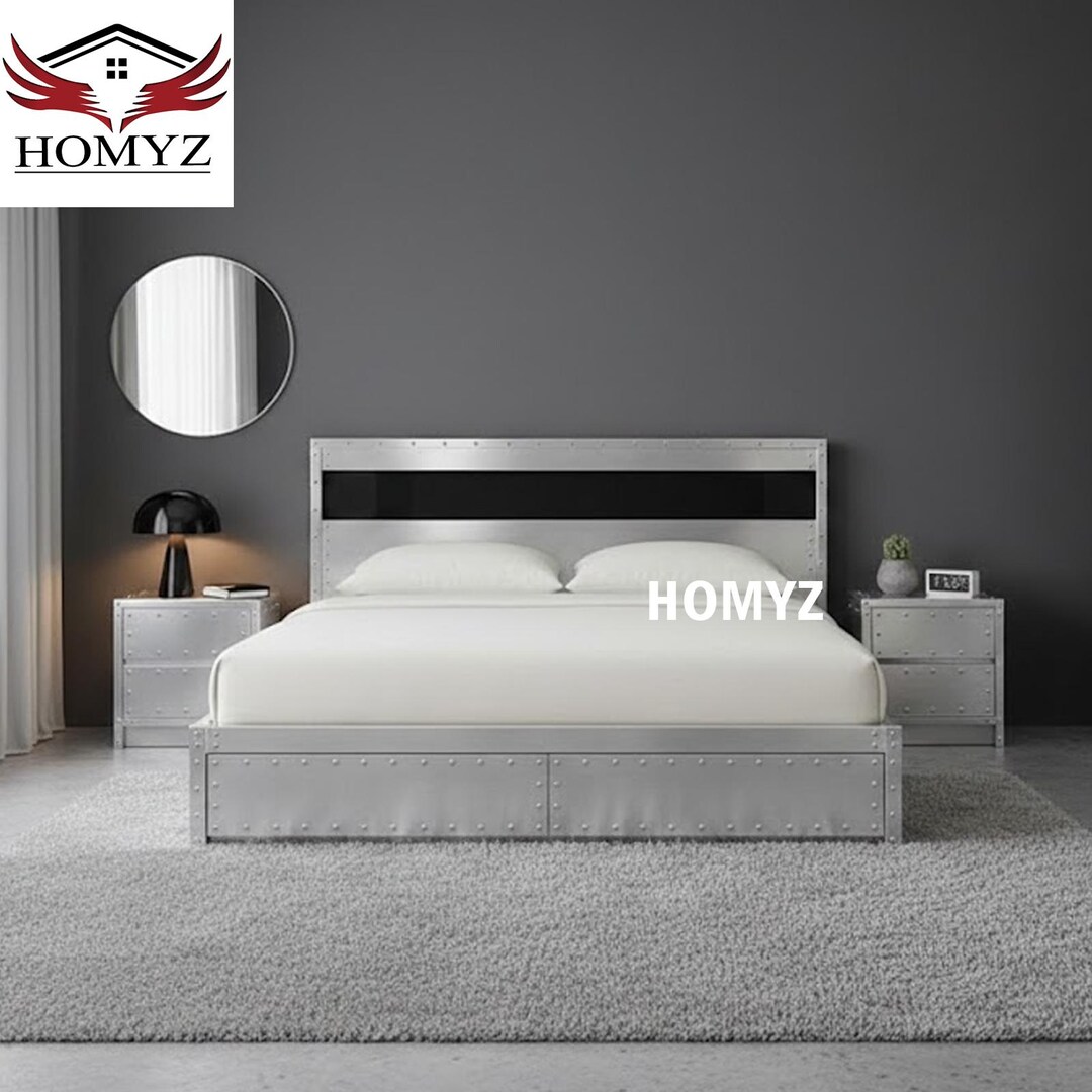 Aviator Aluminum Bed With Side Stool Rivet Detail | Industrial Modern ...
