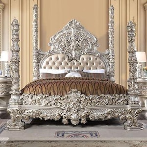 Cama doble tamaño king size Royal Maharaja de madera maciza tallada / Cama de lujo / Cama moderna para dormitorio, hotel y hogar, cama de estilo industrial, lujo