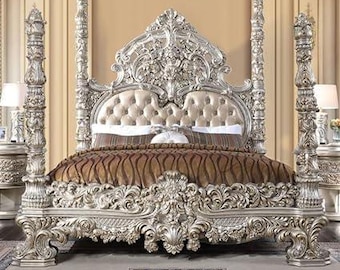 Cama doble tamaño king size Royal Maharaja de madera maciza tallada / Cama de lujo / Cama moderna para dormitorio, hotel y hogar, cama de estilo industrial, lujo
