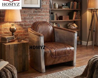 Aviator Vintage Chair Leather Armchair Industrial Modern Metal Accent Chair Aircraft Home Office Living Room Height Adjustable Furniture